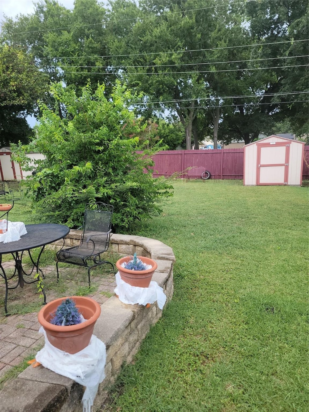 view of yard with a storage shed, fence, and an outdoor structure