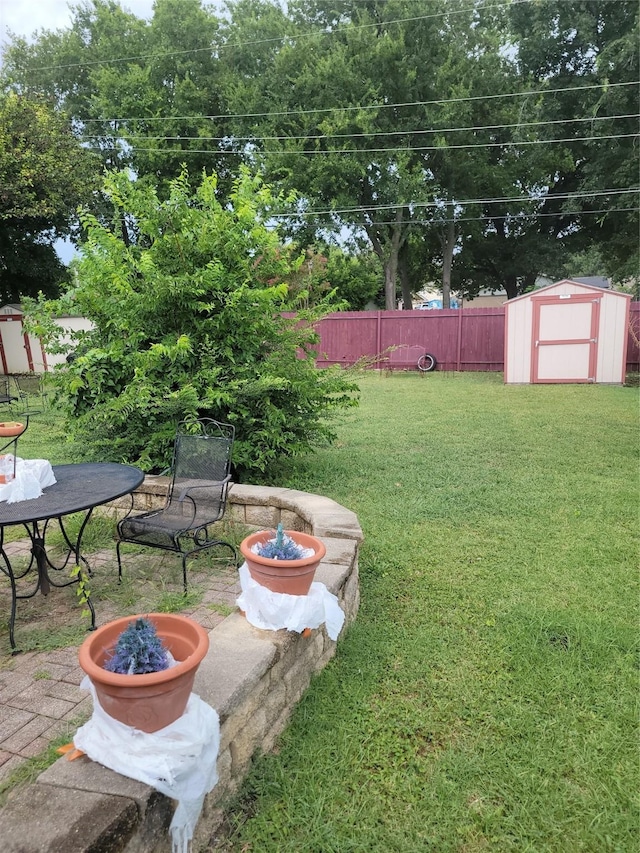 view of yard with a storage shed, fence, and an outdoor structure