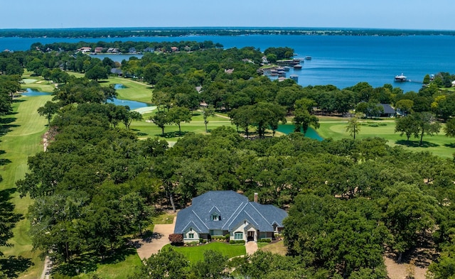 aerial view featuring a water view and view of golf course