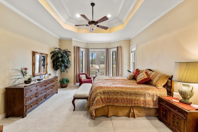 bedroom with a raised ceiling, light carpet, access to exterior, and crown molding