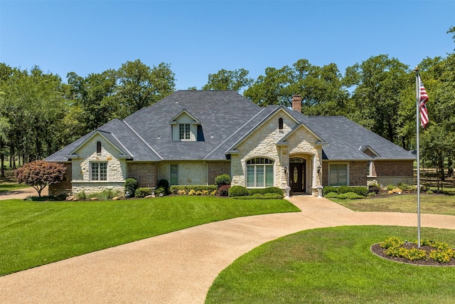 french country home featuring stone siding and a front lawn