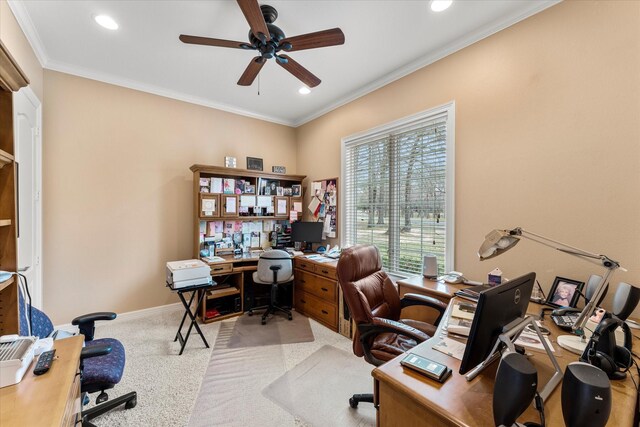 office featuring a ceiling fan, recessed lighting, carpet flooring, crown molding, and baseboards