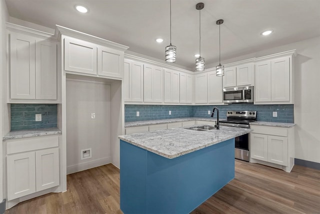 kitchen with wood finished floors, white cabinets, stainless steel appliances, and a sink