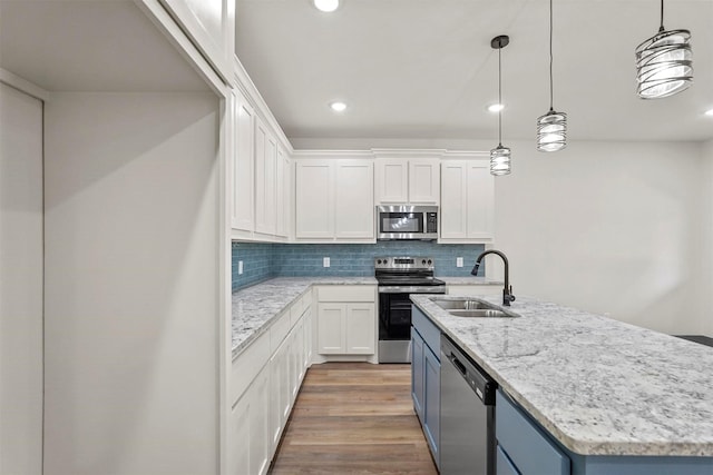 kitchen with a sink, wood finished floors, white cabinetry, and stainless steel appliances