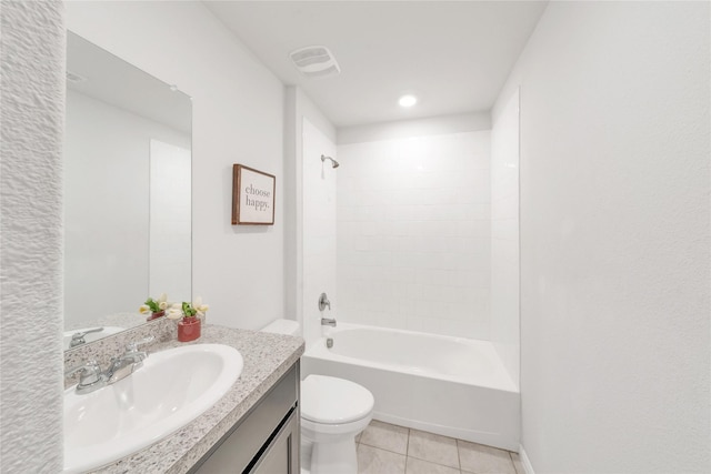 full bath with vanity, visible vents, bathtub / shower combination, tile patterned floors, and toilet