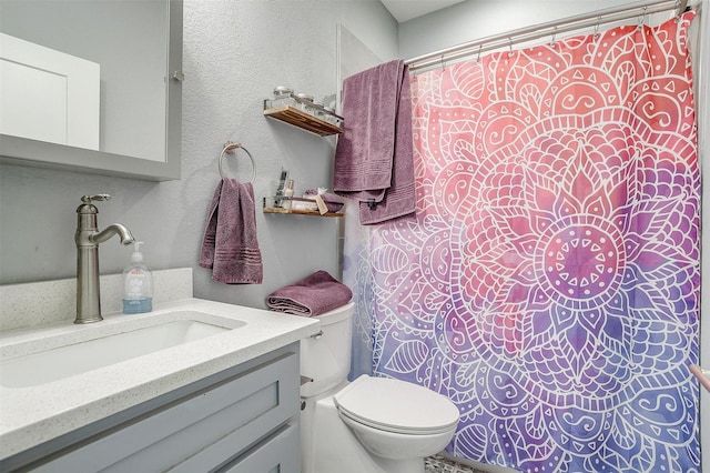 full bathroom featuring toilet, vanity, and a textured wall