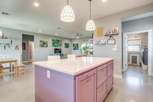 kitchen with recessed lighting, visible vents, open floor plan, and finished concrete flooring