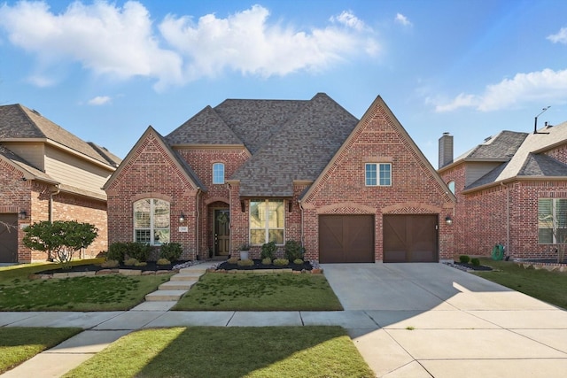 tudor-style house featuring a front lawn, roof with shingles, concrete driveway, a garage, and brick siding