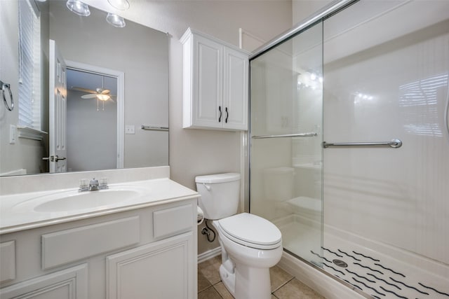 full bathroom featuring an enclosed shower, toilet, vanity, and tile patterned flooring