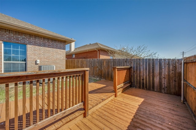 deck with central AC unit and a fenced backyard