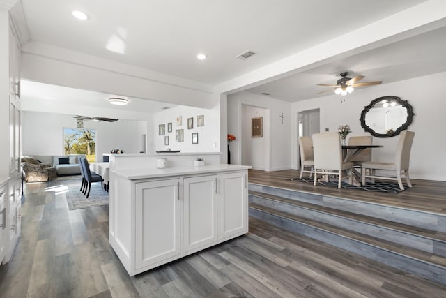 kitchen with dark wood-style floors, open floor plan, a ceiling fan, and light countertops