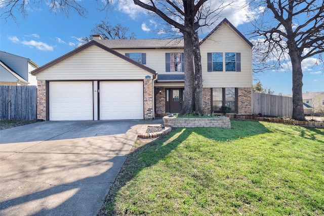 traditional-style home with brick siding, concrete driveway, an attached garage, and fence