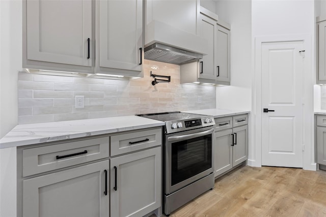 kitchen featuring premium range hood, stainless steel electric stove, gray cabinetry, light wood-style floors, and backsplash