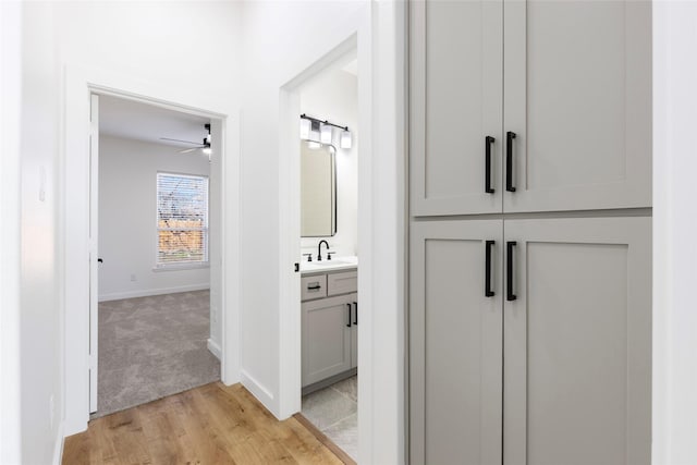 corridor featuring light wood-style flooring, light colored carpet, baseboards, and a sink