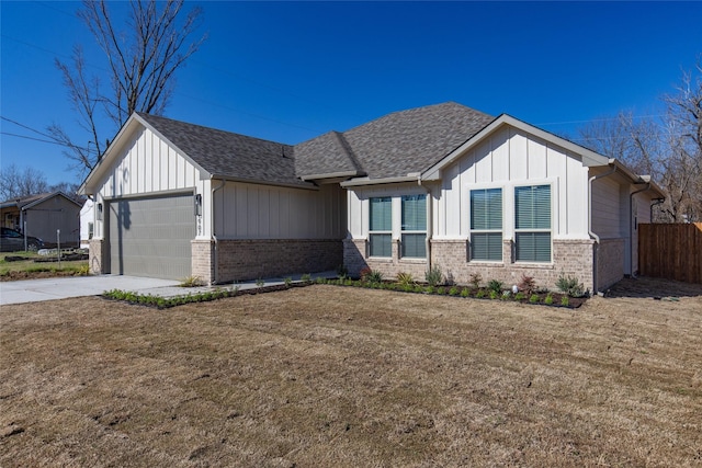 view of front of property with brick siding, board and batten siding, an attached garage, and a shingled roof