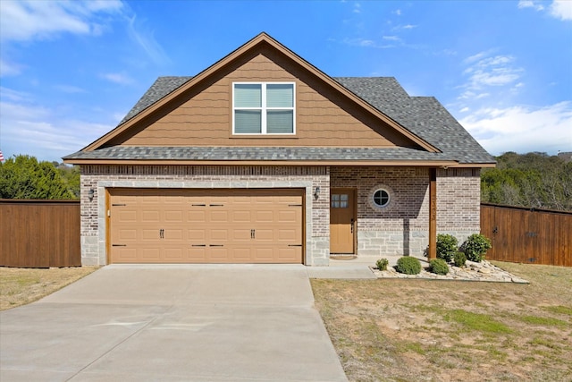 view of front of home featuring fence, brick siding, driveway, and a shingled roof