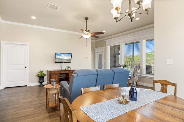 dining area with visible vents, baseboards, ornamental molding, recessed lighting, and wood finished floors