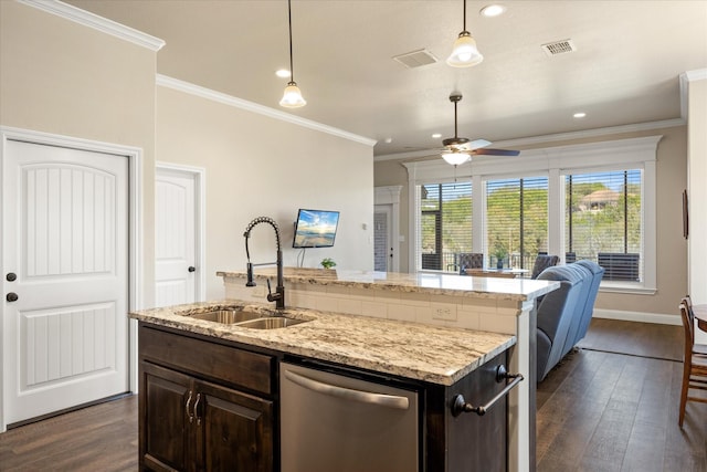 kitchen with a sink, crown molding, open floor plan, dishwasher, and dark wood-style flooring