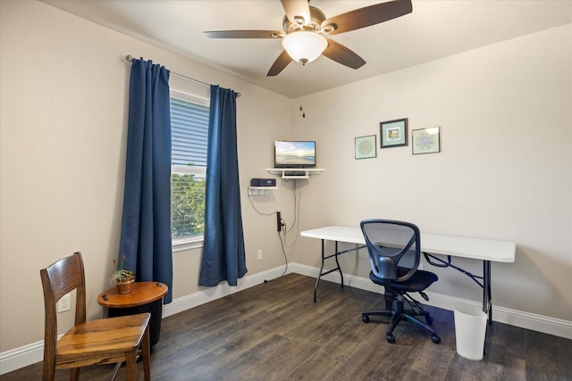 office space featuring wood finished floors, baseboards, and ceiling fan