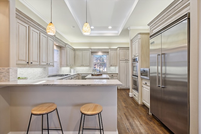 kitchen featuring a breakfast bar area, a peninsula, a sink, dark wood-type flooring, and appliances with stainless steel finishes