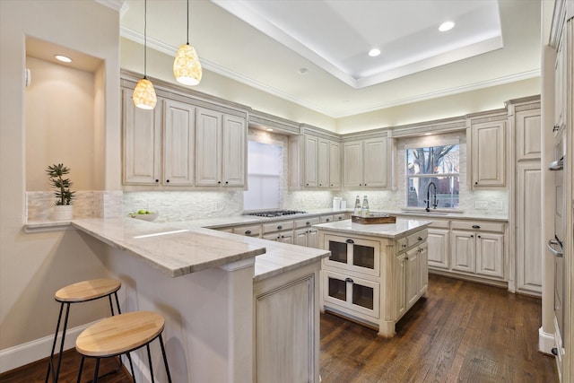 kitchen featuring light stone countertops, a kitchen bar, a tray ceiling, a peninsula, and a sink