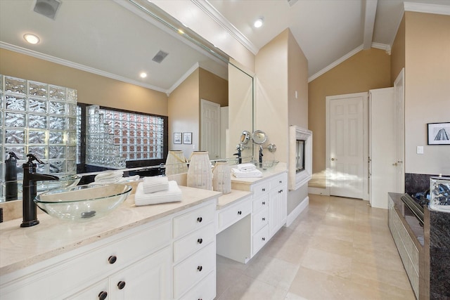 full bath with vanity, lofted ceiling, visible vents, and ornamental molding