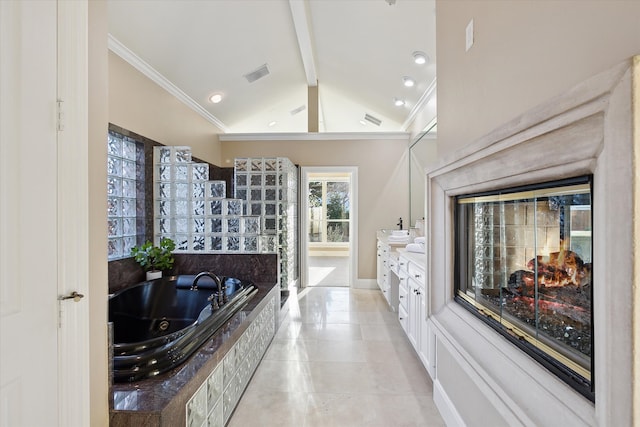 full bathroom featuring vanity, visible vents, lofted ceiling with beams, crown molding, and a jetted tub