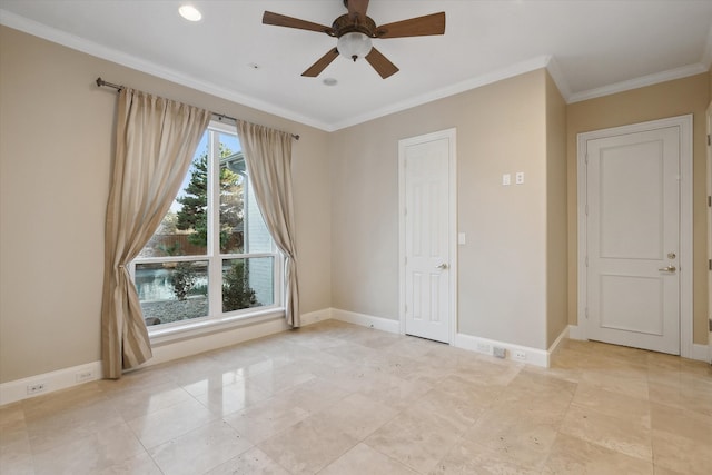 unfurnished room with baseboards, ornamental molding, and a ceiling fan