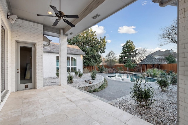 view of patio / terrace featuring a fenced backyard, visible vents, a fenced in pool, and ceiling fan