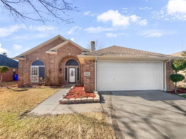 single story home with brick siding, driveway, a shingled roof, and a garage