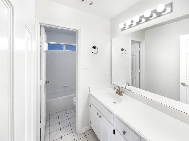 full bathroom with tile patterned floors, visible vents, toilet, and vanity