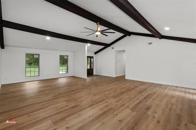 unfurnished living room with visible vents, baseboards, light wood finished floors, lofted ceiling with beams, and ceiling fan