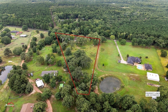 bird's eye view featuring a forest view and a rural view