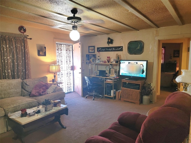 living room with beam ceiling, carpet flooring, and a ceiling fan