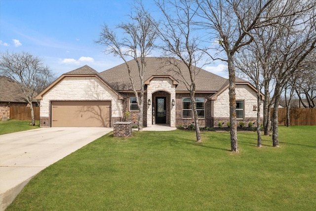 french country home featuring concrete driveway, stone siding, an attached garage, a front yard, and fence