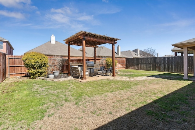 view of yard with a fenced backyard, a pergola, and a patio