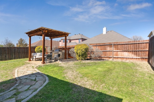 view of yard with an outdoor living space, a patio, a fenced backyard, and a pergola