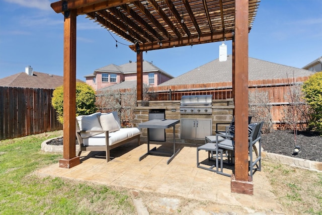 view of patio / terrace featuring grilling area, a pergola, a fenced backyard, and area for grilling