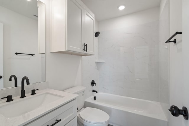 full bathroom with recessed lighting, shower / bathtub combination, toilet, and vanity