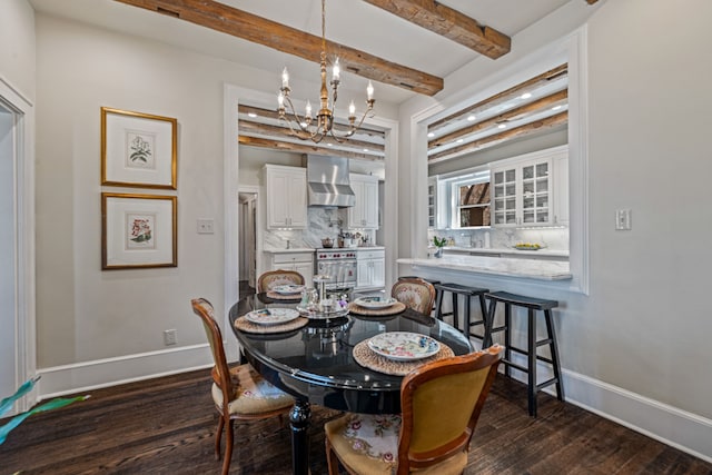 dining area featuring beamed ceiling, dark wood-style floors, baseboards, and a chandelier