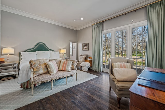 bedroom with recessed lighting, wood-type flooring, and ornamental molding