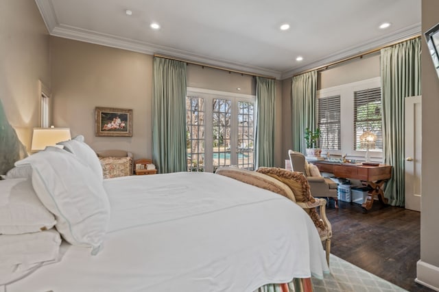 bedroom with wood finished floors, recessed lighting, french doors, crown molding, and access to exterior