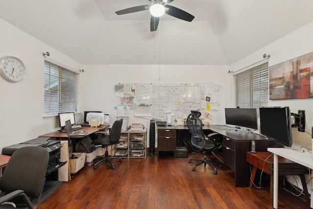 home office featuring wood finished floors, a ceiling fan, and vaulted ceiling