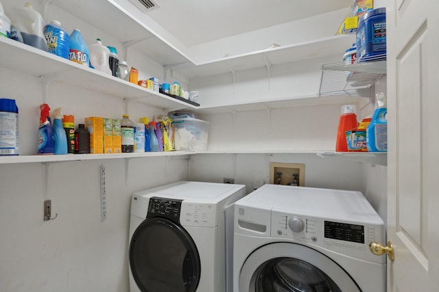 laundry room with visible vents, washing machine and dryer, and laundry area