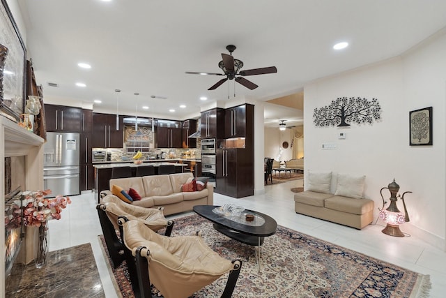 living room featuring recessed lighting, visible vents, a ceiling fan, and light tile patterned floors