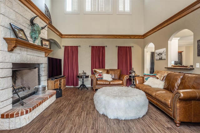 living room featuring a fireplace, a high ceiling, wood finished floors, and a healthy amount of sunlight