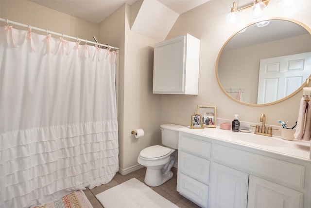 bathroom with tile patterned floors, toilet, a shower with shower curtain, and vanity