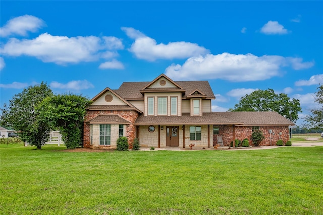 view of front of home featuring brick siding and a front lawn