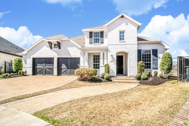 view of front of property featuring driveway, a gate, fence, a garage, and brick siding