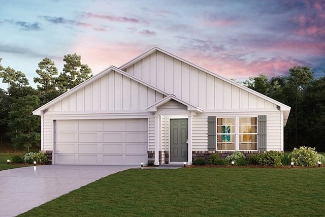 view of front of property with an attached garage, concrete driveway, a front yard, and board and batten siding